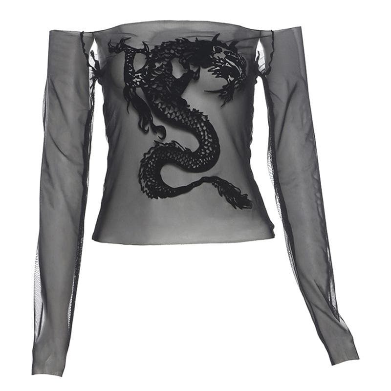 Y2K Dragon Print Sheer Mesh Top - Off Shoulder Grunge Aesthetic Long Sleeve Cute Top
