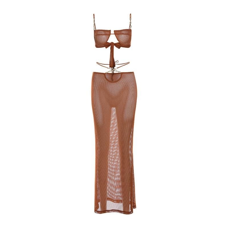 Y2K Fashion Bowknot Cami & Hollow Out Maxi Skirt Set - Coquette & Grunge Aesthetic