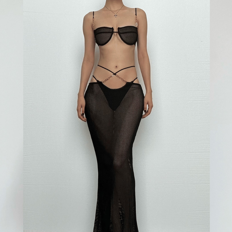 Y2K Fashion Bowknot Cami & Hollow Out Maxi Skirt Set - Coquette & Grunge Aesthetic