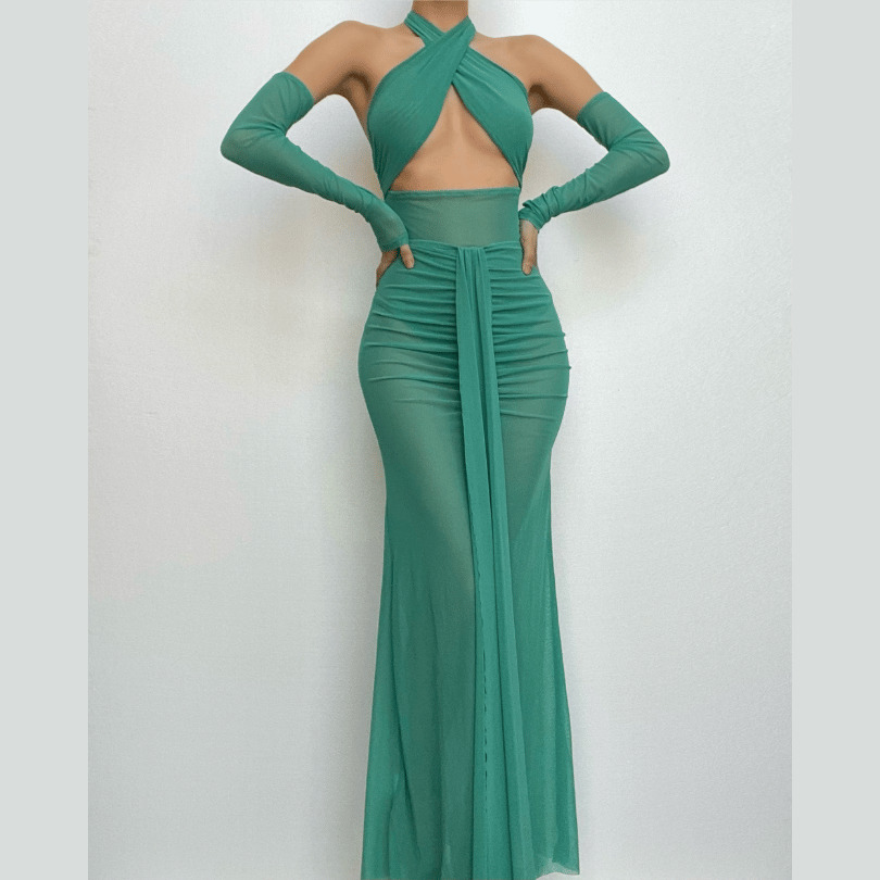 Y2K Fashion Cross Front Gloves Hollow Out Halter Mesh Bodysuit & Maxi Skirt Set