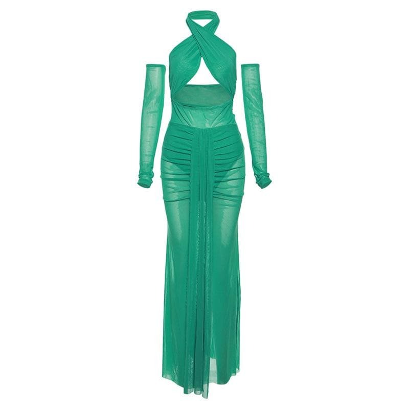 Y2K Fashion Cross Front Gloves Hollow Out Halter Mesh Bodysuit & Maxi Skirt Set