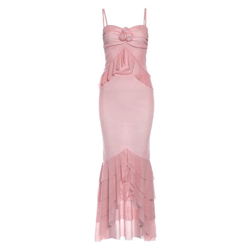 Y2K Fashion Flower Applique Ruffle Ruched Sheer Mesh Cami & Maxi Skirt Set - Aesthetic Outfit