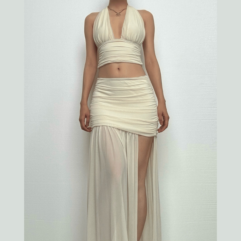 Y2K Fashion Halter Ruched Deep V Neck High Slit Mesh Maxi Skirt Set - Coquette & Grunge Aesthetic
