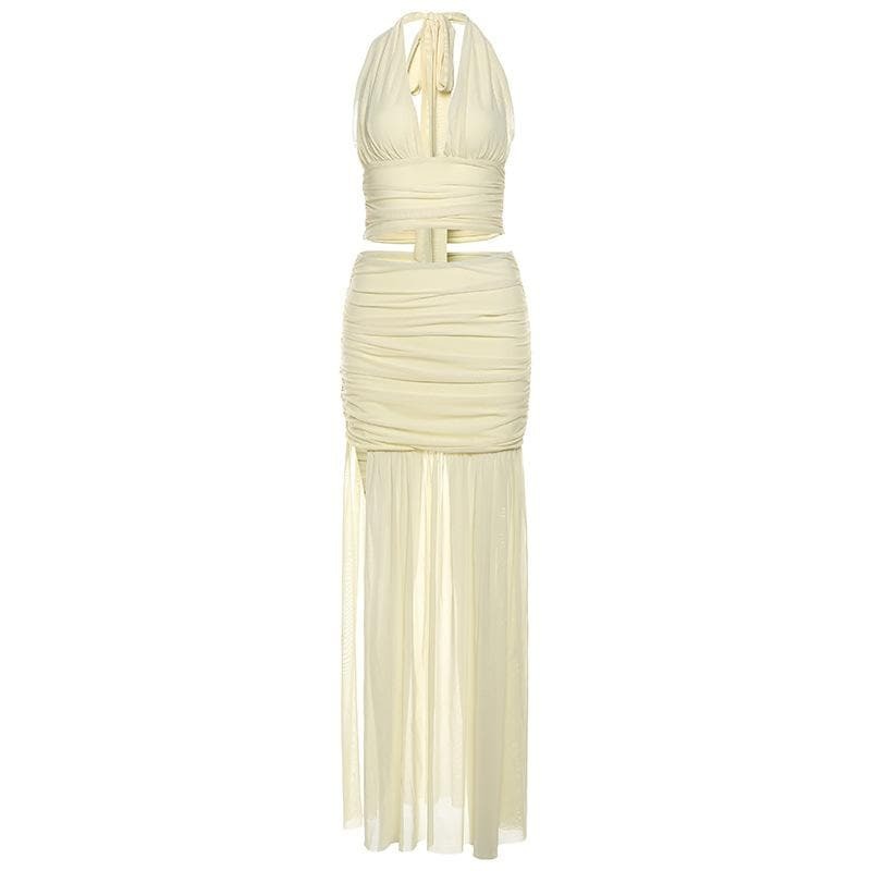 Y2K Fashion Halter Ruched Deep V Neck High Slit Mesh Maxi Skirt Set - Coquette & Grunge Aesthetic