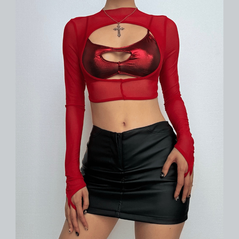 Y2K Fashion Long Sleeve High Neck Cut-Out Crop Top with Hollow Out Gloves - Aesthetic Style