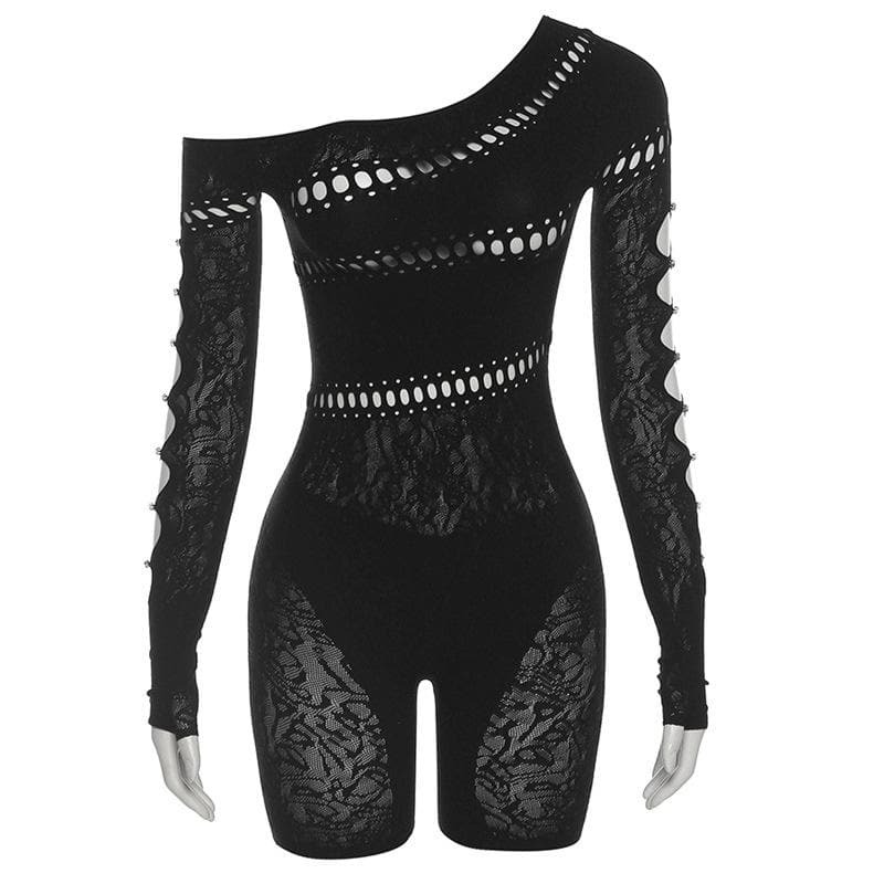 Y2K Fishnet Off-Shoulder Romper with Beaded Hollow-Out Long Sleeve Gloves for Aesthetic Vibes