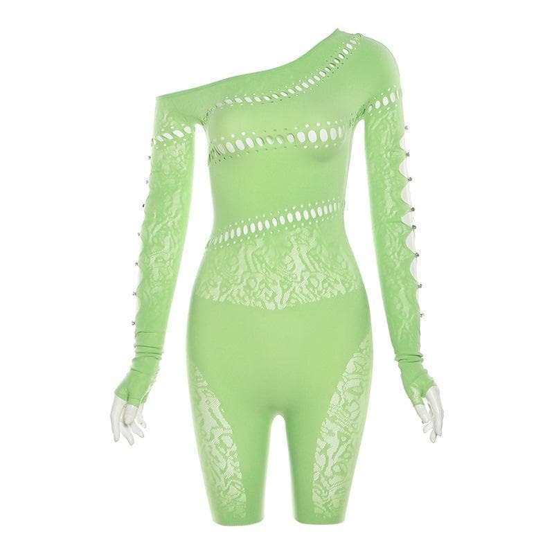 Y2K Fishnet Off-Shoulder Romper with Beaded Hollow-Out Long Sleeve Gloves for Aesthetic Vibes