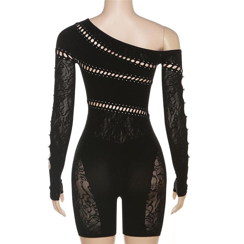 Y2K Fishnet Off-Shoulder Romper with Beaded Hollow-Out Long Sleeve Gloves for Aesthetic Vibes
