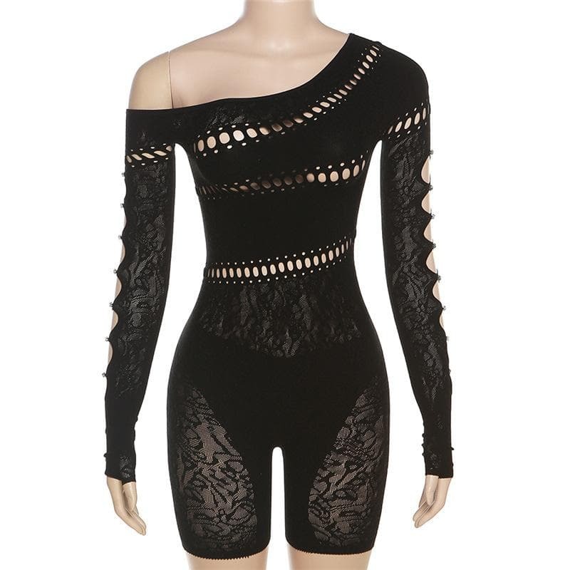 Y2K Fishnet Off-Shoulder Romper with Beaded Hollow-Out Long Sleeve Gloves for Aesthetic Vibes