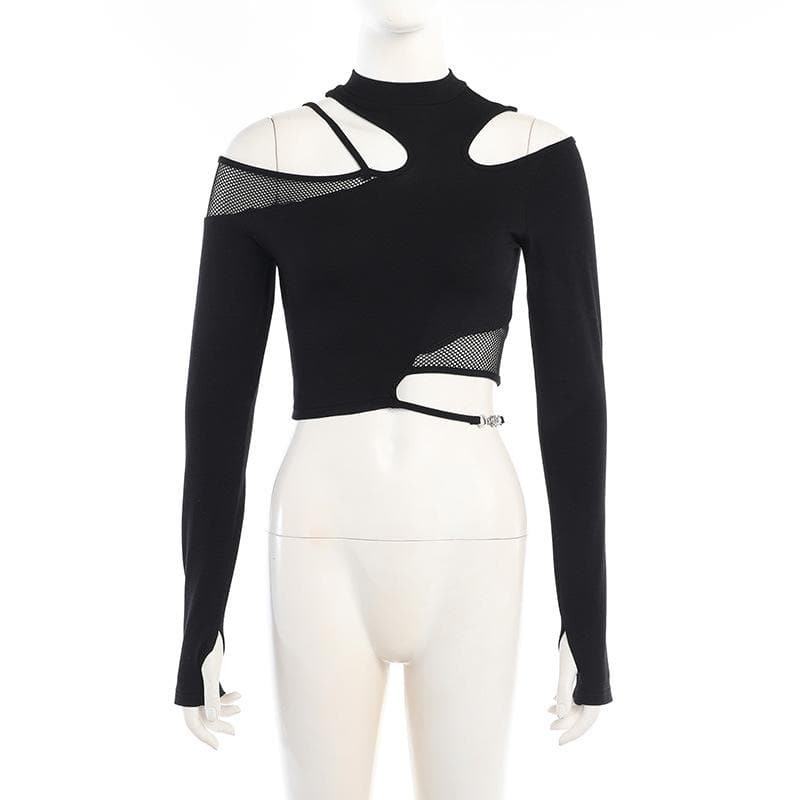 Y2K Fishnet Patchwork Off-Shoulder Long Sleeve Top - Grunge Aesthetic Irregular Style