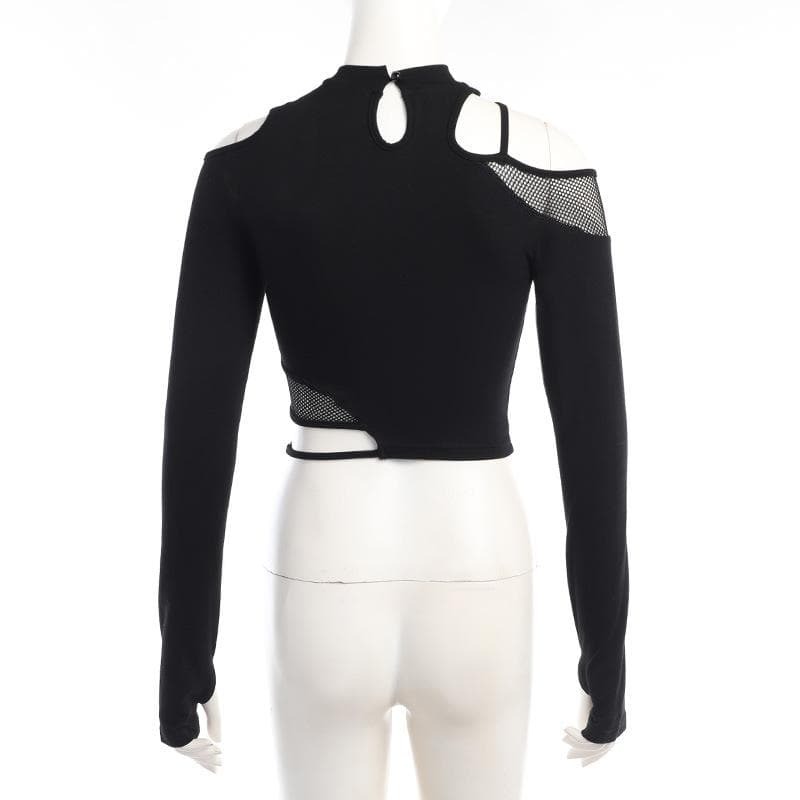 Y2K Fishnet Patchwork Off-Shoulder Long Sleeve Top - Grunge Aesthetic Irregular Style