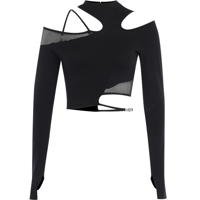 Y2K Fishnet Patchwork Off-Shoulder Long Sleeve Top - Grunge Aesthetic Irregular Style