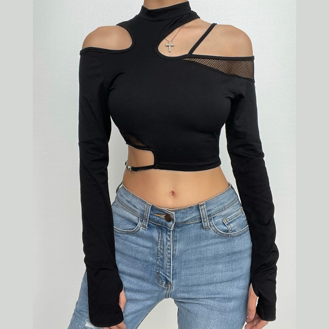 Y2K Fishnet Patchwork Off-Shoulder Long Sleeve Top - Grunge Aesthetic Irregular Style