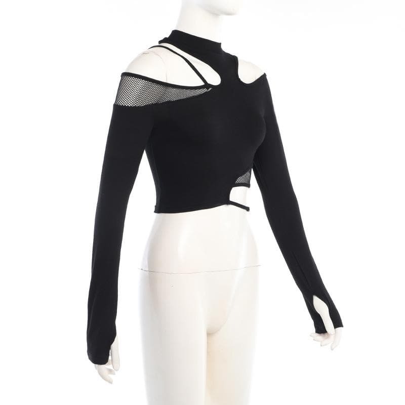 Y2K Fishnet Patchwork Off-Shoulder Long Sleeve Top - Grunge Aesthetic Irregular Style