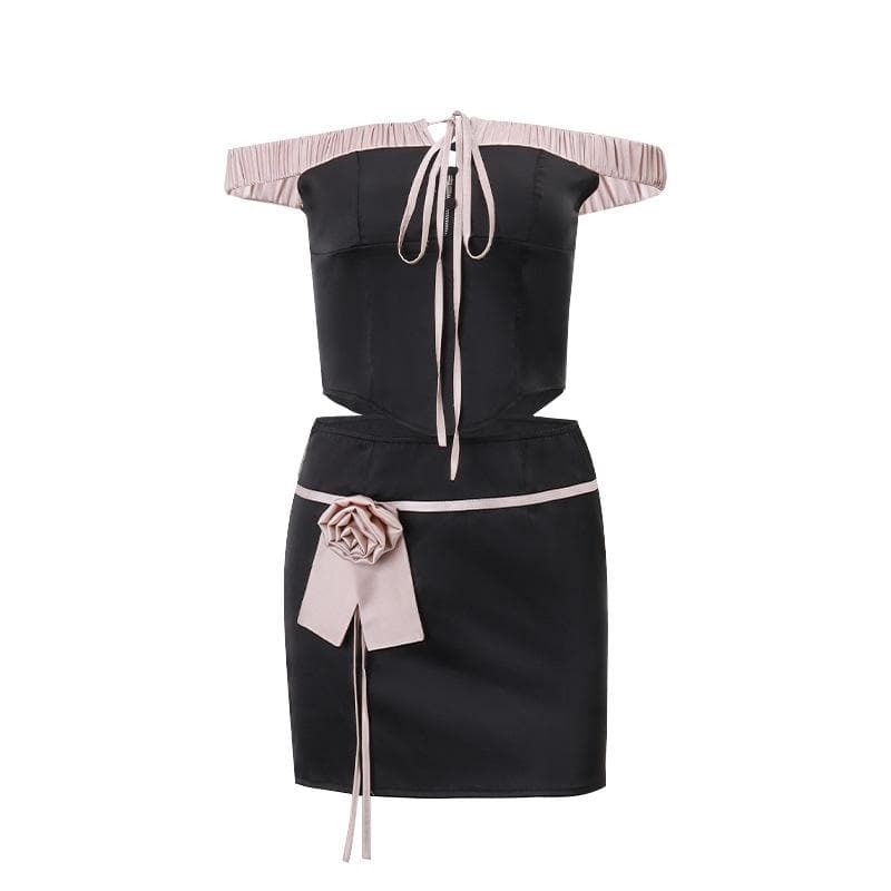 Y2K Floral Applique Off-Shoulder Mini Skirt Set - Cute Coquette Aesthetic Outfit