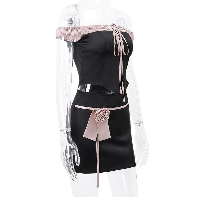 Y2K Floral Applique Off-Shoulder Mini Skirt Set - Cute Coquette Aesthetic Outfit