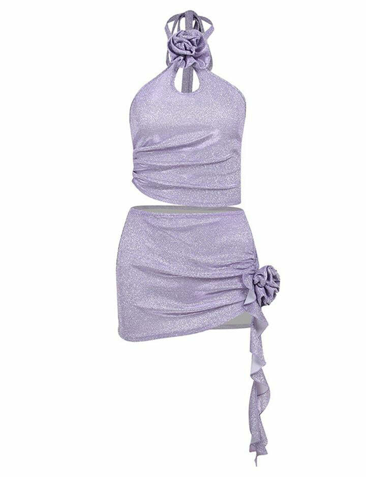 Y2K Floral Embellished Crop Top & Skirt Co-Ord Set - Cute Coquette Aesthetic Outfit
