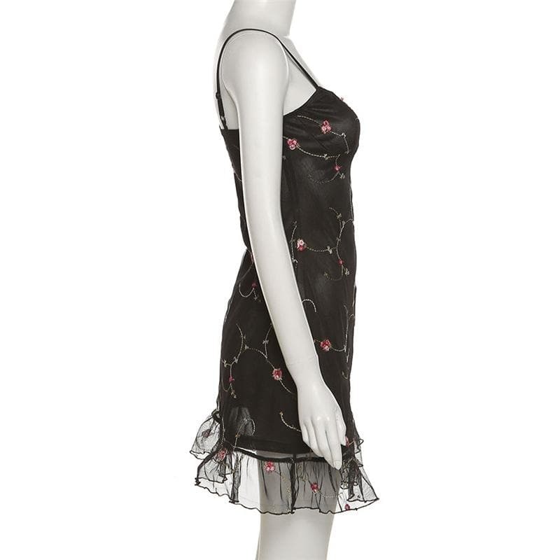 Y2K Floral Embroidered Backless Cami Mini Dress - Coquette & Grunge Aesthetic Style