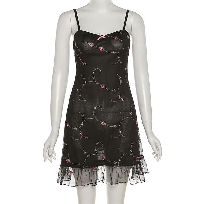 Y2K Floral Embroidered Backless Cami Mini Dress - Coquette & Grunge Aesthetic Style
