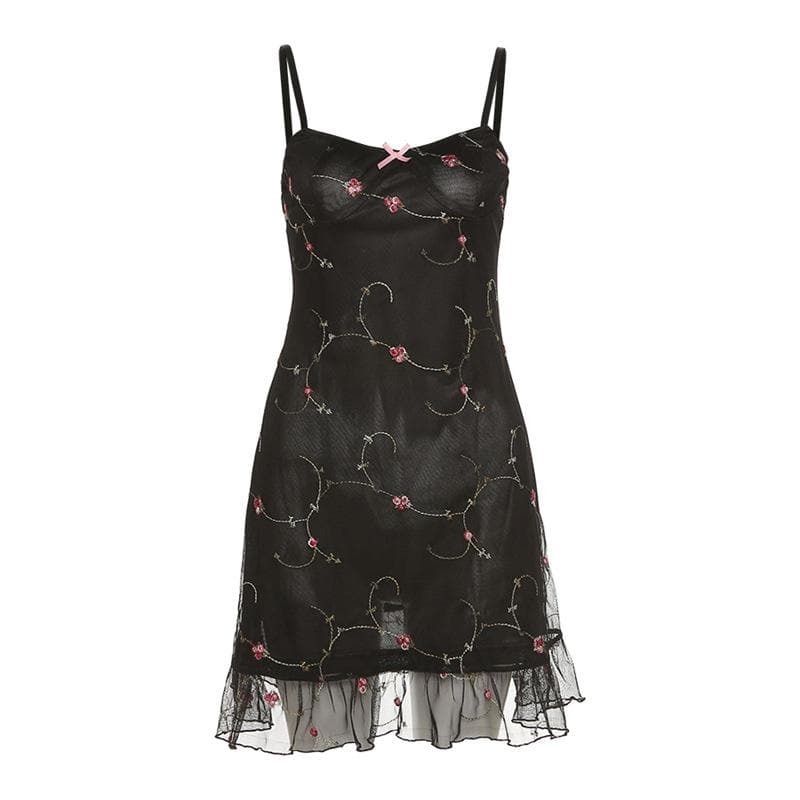 Y2K Floral Embroidered Backless Cami Mini Dress - Coquette & Grunge Aesthetic Style