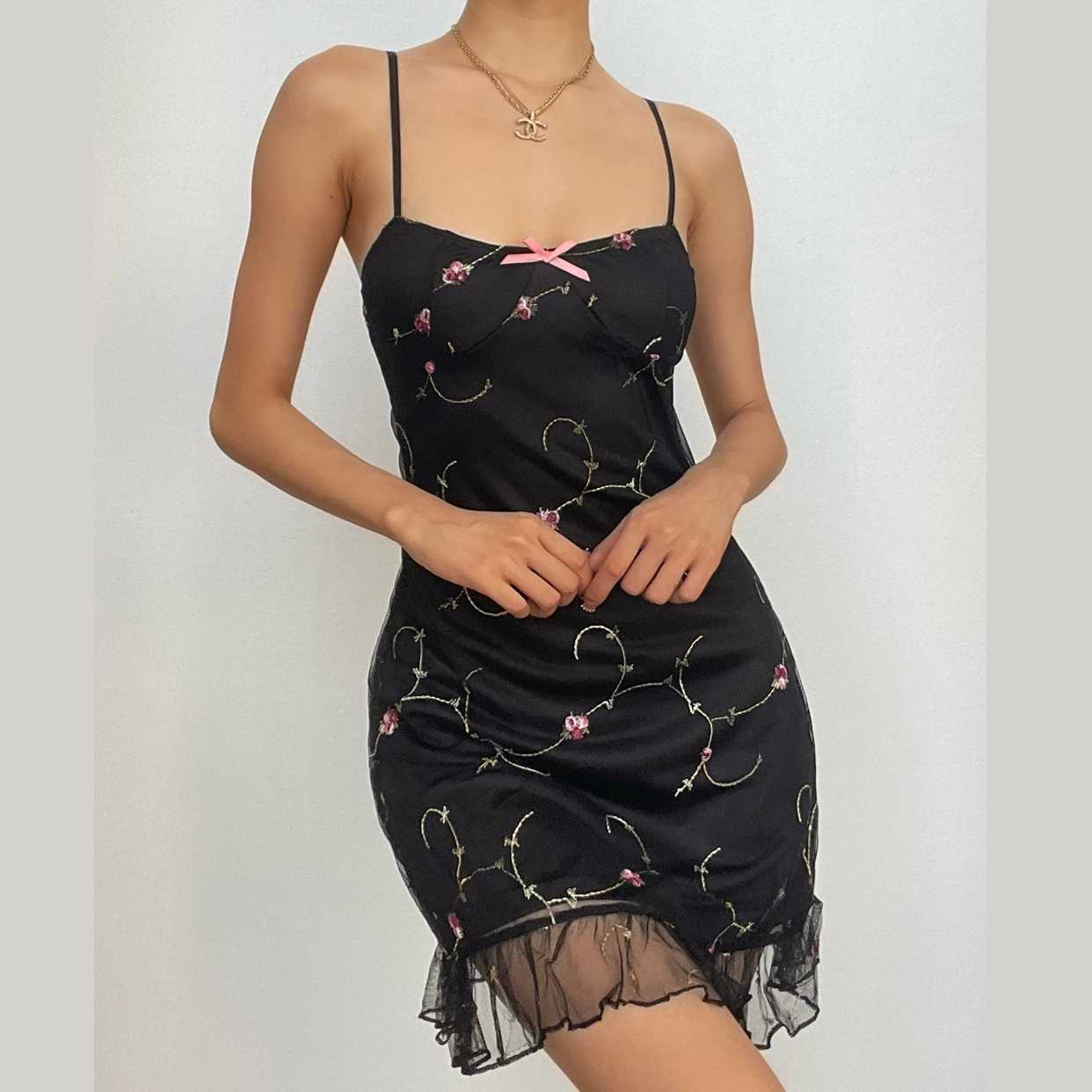 Y2K Floral Embroidered Backless Cami Mini Dress - Coquette & Grunge Aesthetic Style
