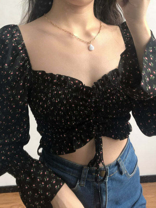 Y2K Floral Long Sleeve Top - Coquette Aesthetic, Cute Crop, Grunge Style, Pastel Goth