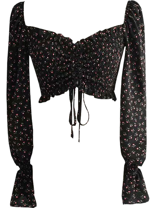 Y2K Floral Long Sleeve Top - Coquette Aesthetic, Cute Crop, Grunge Style, Pastel Goth