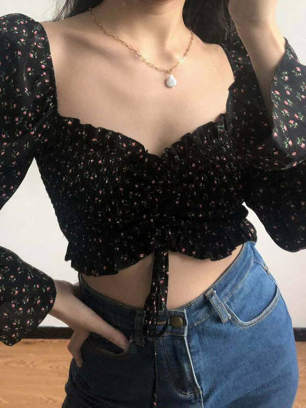 Y2K Floral Long Sleeve Top - Coquette Aesthetic, Cute Crop, Grunge Style, Pastel Goth