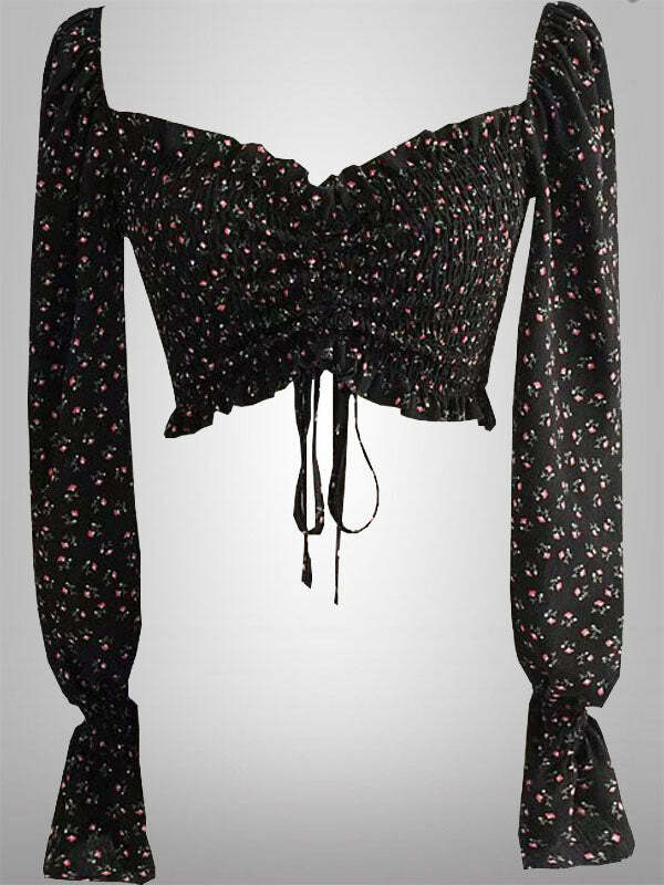 Y2K Floral Long Sleeve Top - Coquette Aesthetic, Cute Crop, Grunge Style, Pastel Goth