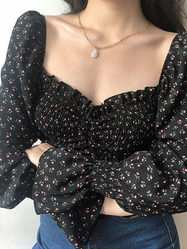 Y2K Floral Long Sleeve Top - Coquette Aesthetic, Cute Crop, Grunge Style, Pastel Goth