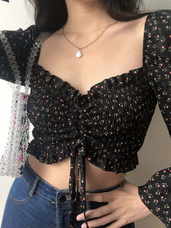 Y2K Floral Long Sleeve Top - Coquette Aesthetic, Cute Crop, Grunge Style, Pastel Goth
