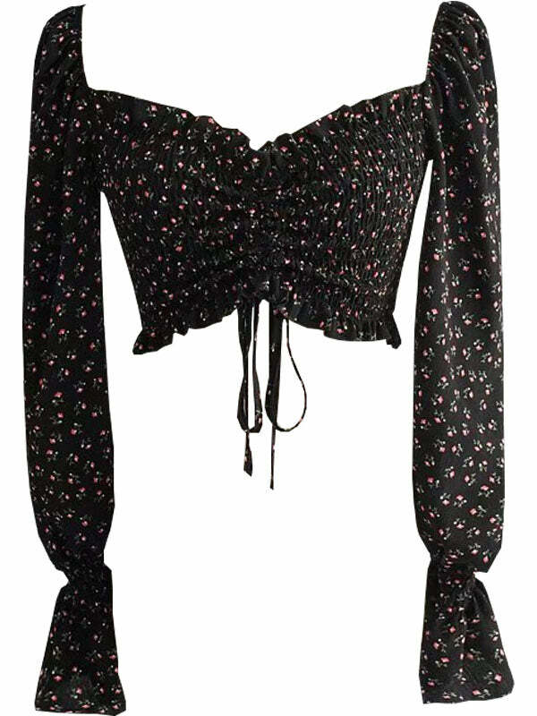 Y2K Floral Long Sleeve Top - Coquette Aesthetic, Cute Crop, Grunge Style, Pastel Goth