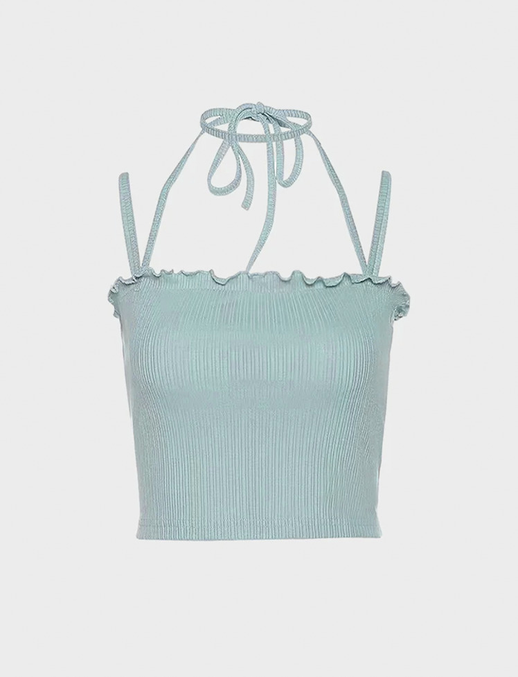 Y2K Frill Trim Halter Cami Top - Cute Pastel Goth & Coquette Aesthetic Fashion