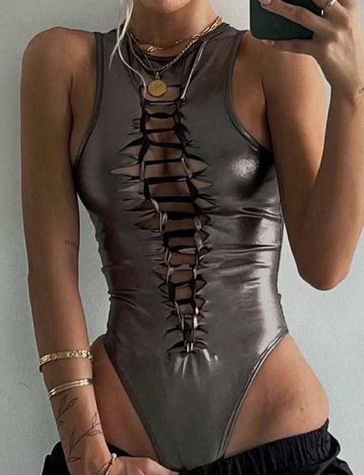Y2K Glitter Cutout Cami Bodysuit - Coquette Aesthetic Top for Grunge & Pastel Goth Styles