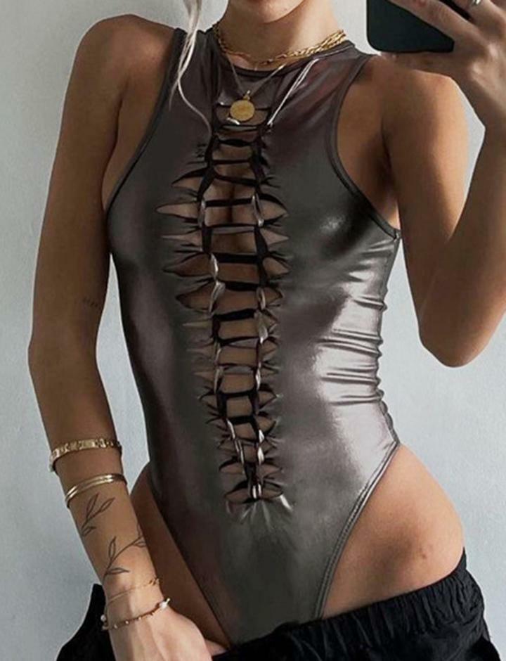 Y2K Glitter Cutout Cami Bodysuit - Coquette Aesthetic Top for Grunge & Pastel Goth Styles
