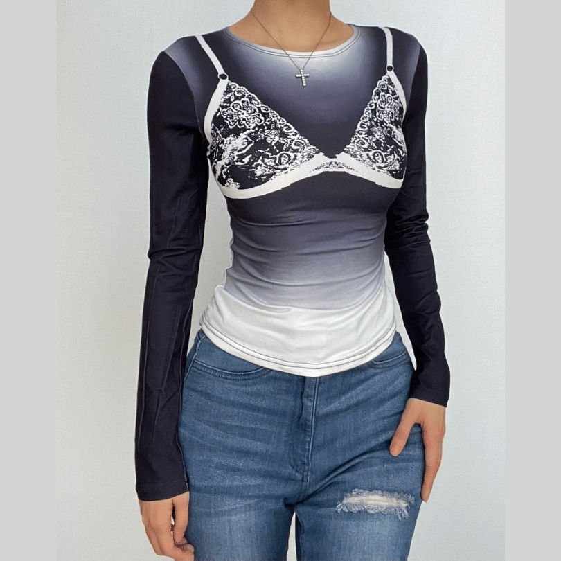 Y2K Gradient Crewneck Top - Cute Long Sleeve Aesthetic Shirt for Coquette & Grunge Styles