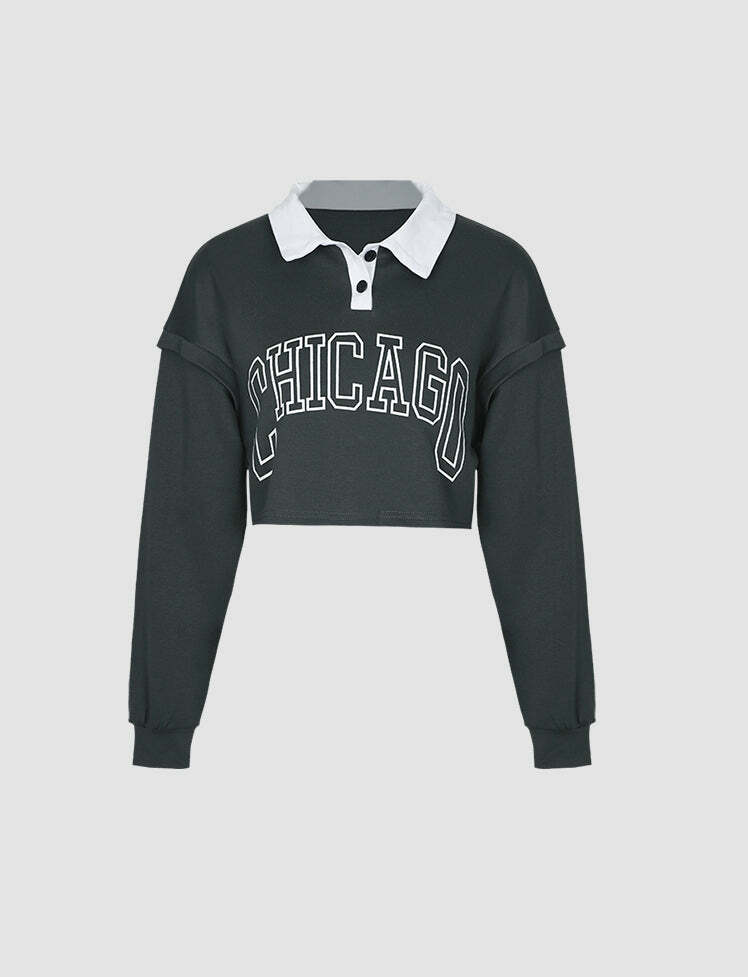 Y2K Grey Letter Print Lapel Crop Sweatshirt - Comfy Aesthetic Top for Grunge & Coquette Styles