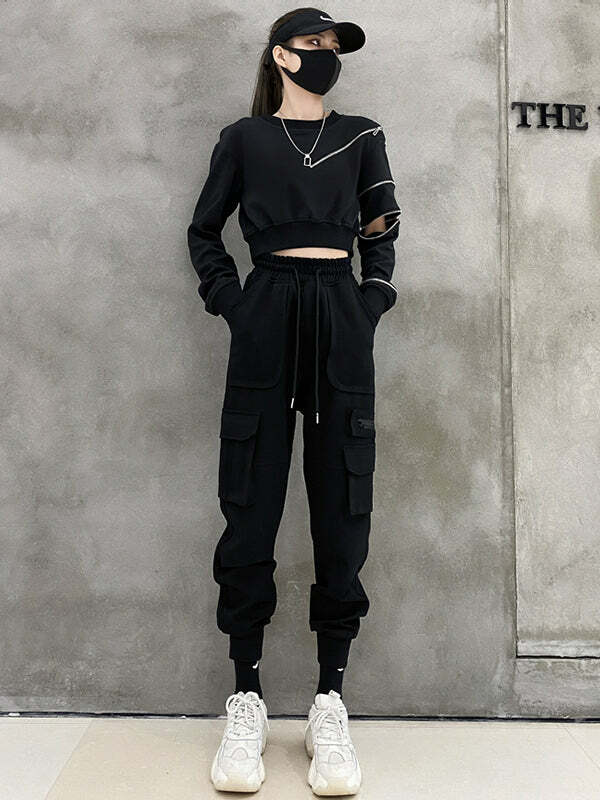 Y2K Grunge Aesthetic Black Cargo Pants with Pockets - Comfy and Stylish for Every Outfit