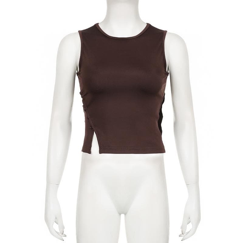 Y2K Grunge Aesthetic Crewneck Cut-Out Top - Vintage Style with Button Details