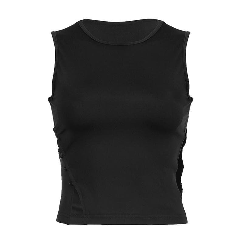 Y2K Grunge Aesthetic Crewneck Cut-Out Top - Vintage Style with Button Details