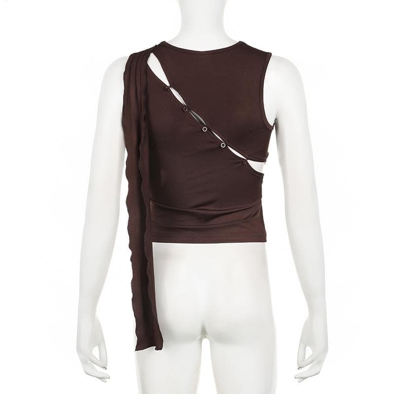 Y2K Grunge Aesthetic Crewneck Cut-Out Top - Vintage Style with Button Details
