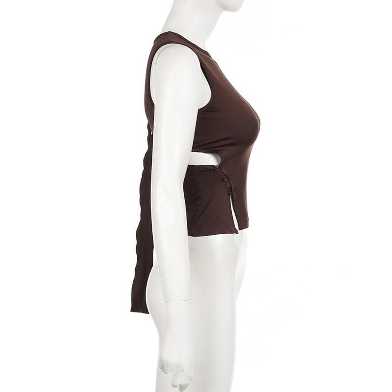 Y2K Grunge Aesthetic Crewneck Cut-Out Top - Vintage Style with Button Details