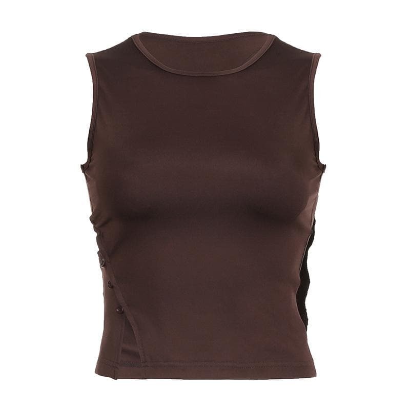 Y2K Grunge Aesthetic Crewneck Cut-Out Top - Vintage Style with Button Details