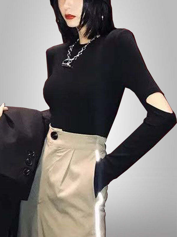 Y2K Grunge Aesthetic Hollow Out Long Sleeve T-Shirt - Cute Comfy Top for Vintage Vibes