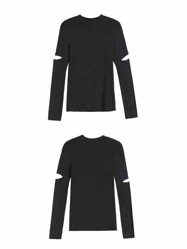 Y2K Grunge Aesthetic Hollow Out Long Sleeve T-Shirt - Cute Comfy Top for Vintage Vibes