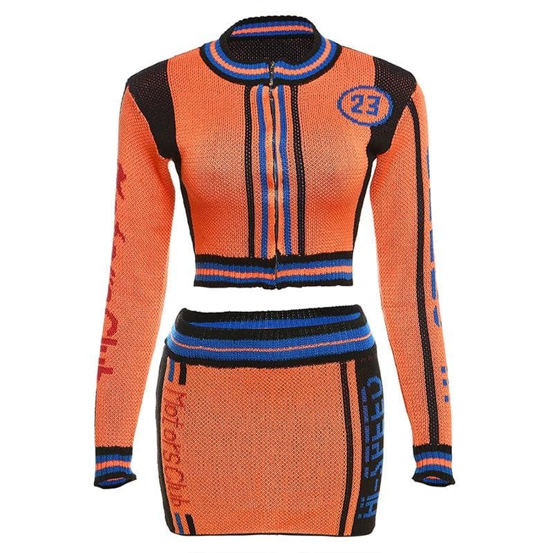 Y2K Grunge Aesthetic Knitted Long Sleeve Contrast Zip-Up Top & Mini Skirt Set