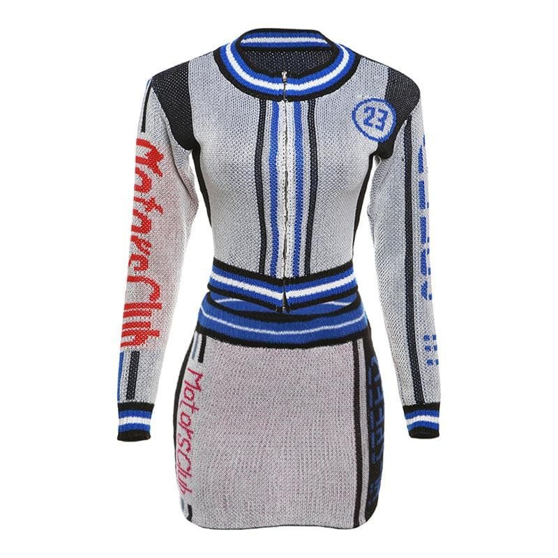 Y2K Grunge Aesthetic Knitted Long Sleeve Contrast Zip-Up Top & Mini Skirt Set