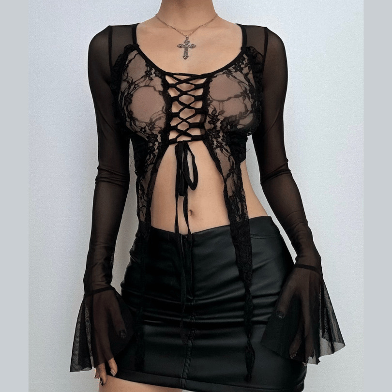 Y2K Grunge Aesthetic Long Flared Sleeve Lace-Up Mesh Crop Top for Cute Outfits