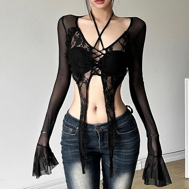 Y2K Grunge Aesthetic Long Flared Sleeve Lace-Up Mesh Crop Top for Cute Outfits