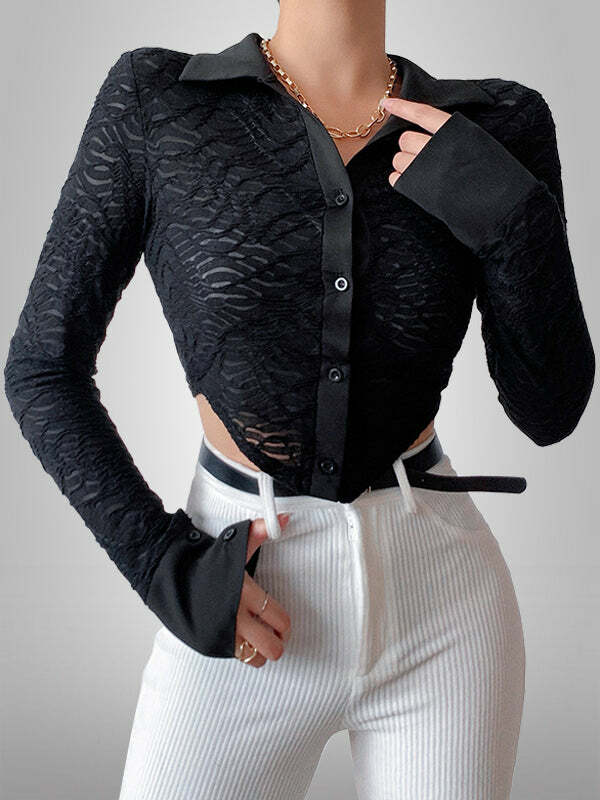 Y2K Grunge Aesthetic Long Sleeve Black Shirt - Cute Comfy Top for Coquette & Emo Styles